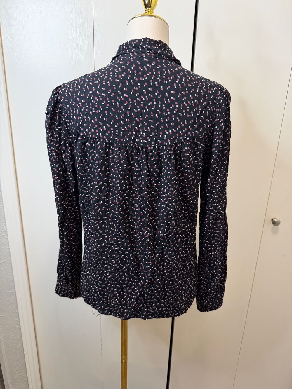 PAIGE Black Blouse with Pink Dot Print and Draped Tie Neck - Picture 6 of 9